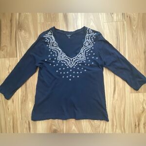 Lucky Brand Navy V-Neck 3/4 Sleeve Embroidered Top Size Large
